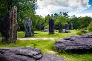 Prairie naturelle avec des menhirs entourés de végétation luxuriante
